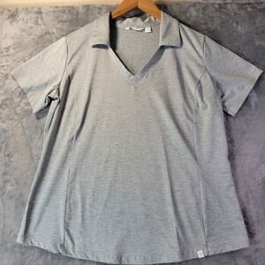 Lady Hagen Womens L Gray Collared V Neck Short Sleeve Stretch Athletic Top